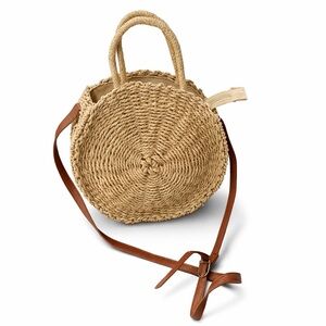 Reitmans Round Woven Straw Crossbody Bag with Brown Strap